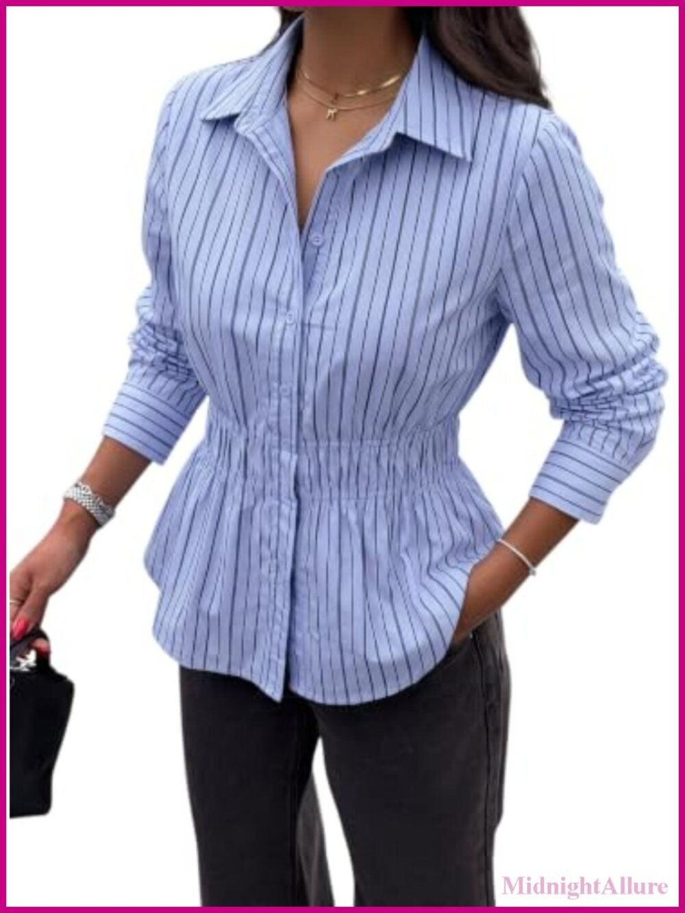 Women's Cotton Button Down Peplum Blouse with Smocked Waist and Ruffled Hem